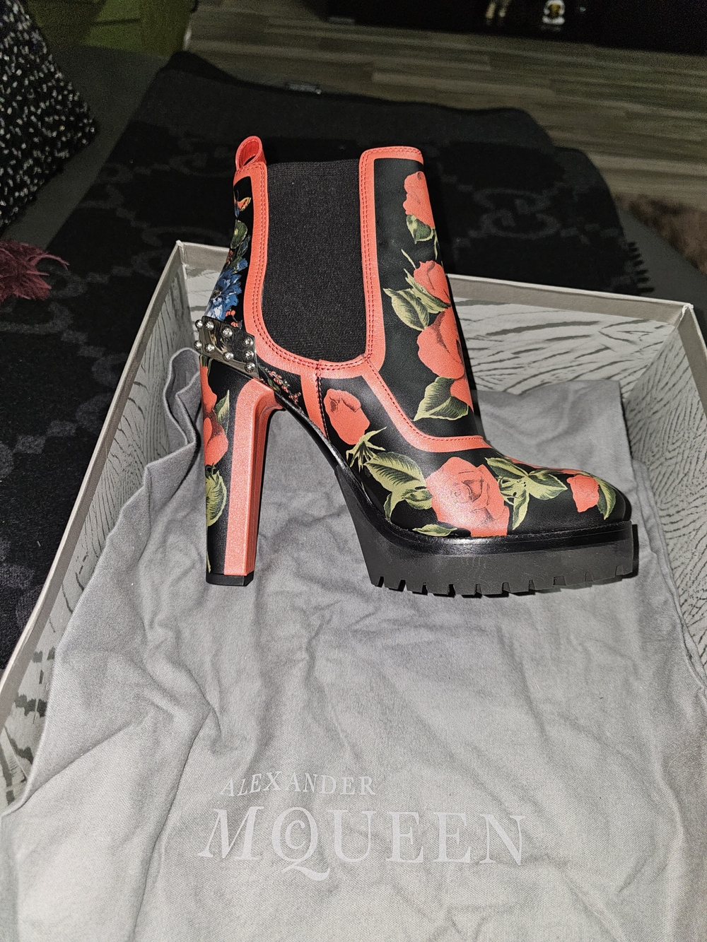 Alexander McQueen Black Floral Platform Ankle Boots with Red Trim 37 NIB AUTH